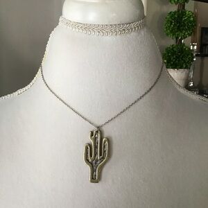 Cactus Necklace Dual Charms Metal Western Bohemian Silver Tone Chain Adjusts NEW